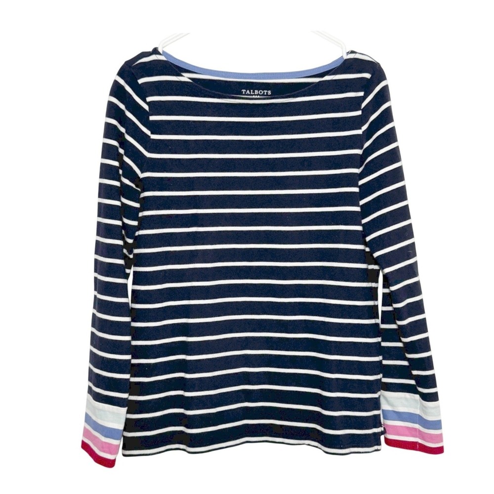 Talbots Long Sleeve Tee Navy Striped Boat Neck Women S Coastal Preppy Top